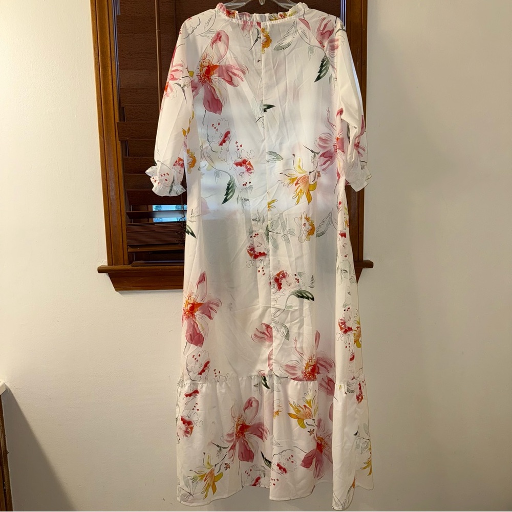 NWT Noracora White Floral Midi Half-Sleeve V-Neck Polyester Dress w/ Tassel XL - Picture 3 of 9